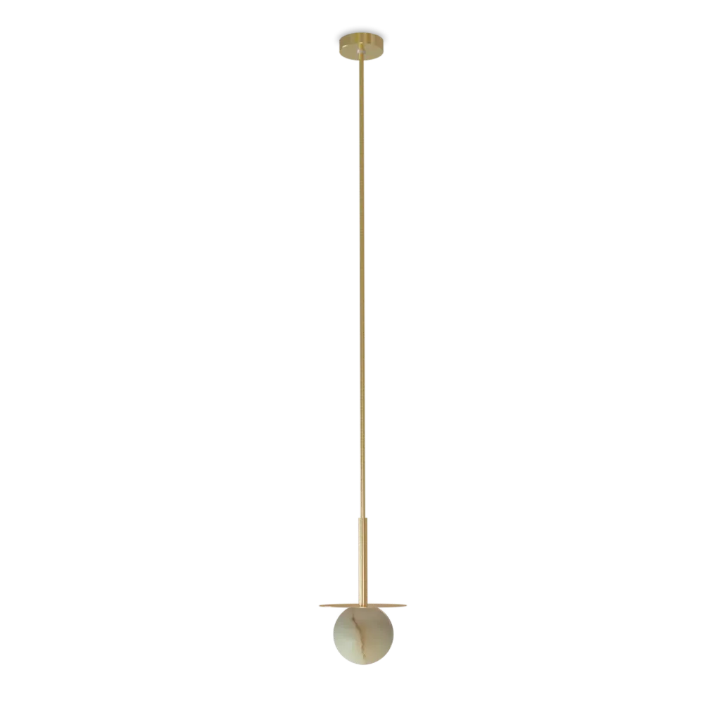 [ROB-06600] Royal Pendant Disc - Matte polished brass base and disc, alabaster sphere, and golden textile cable