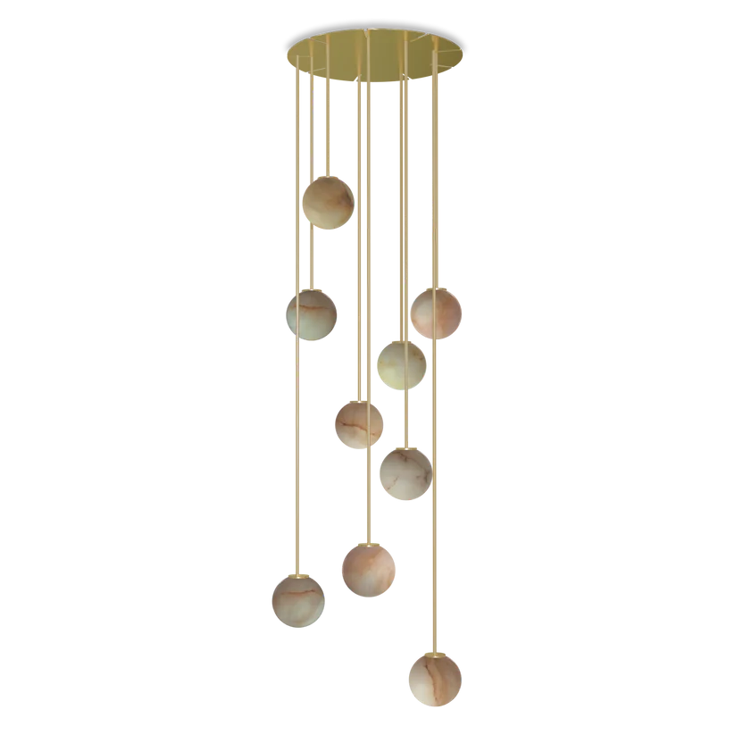 [ROB-06976] Royal Pendant Chandelier Circular Drops - Golden structure, alabaster sphere, and golden textile cable.