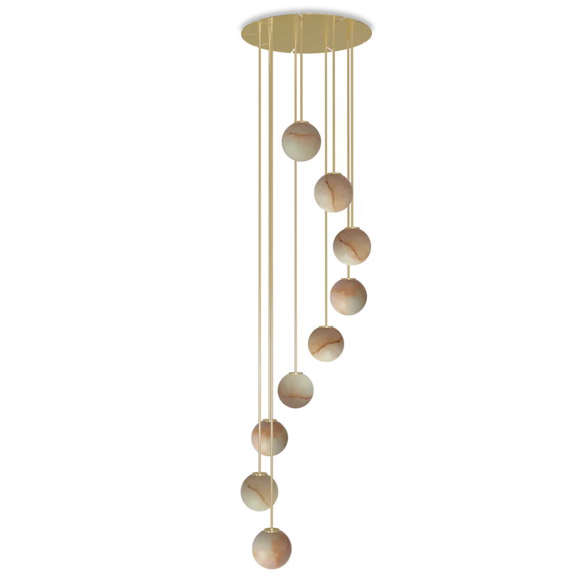 [ROB-06969] Royal Pendant Chandelier Circular Spiral - Golden structure, alabaster sphere, and golden textile cable.