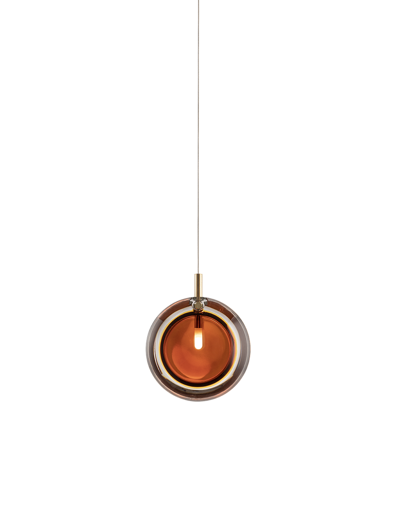 [BOM-1/85/95150L/A/00AMB/160/A/BBR/2,5] LENS single pendant with canopy, amber glass, brushed gold fitting, non-dimmable dimming