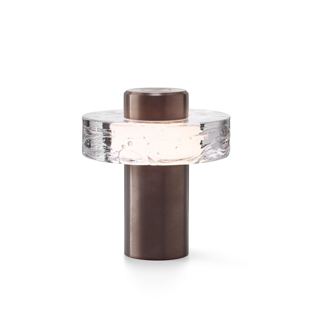OLLO portable lamp, clear glass, brushed bronze fitting, dimmable