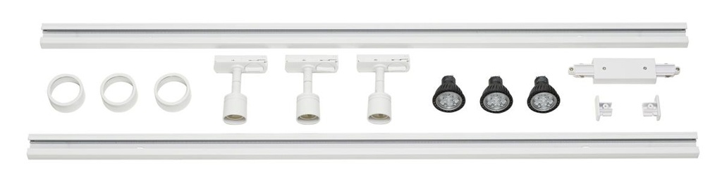 [SLV-143191] 1-FASE 230V SET, drievlammig, LED wit, incl. 2x1 m 230V rail, 3x PURI spot, langsverbinder, 2 eindka