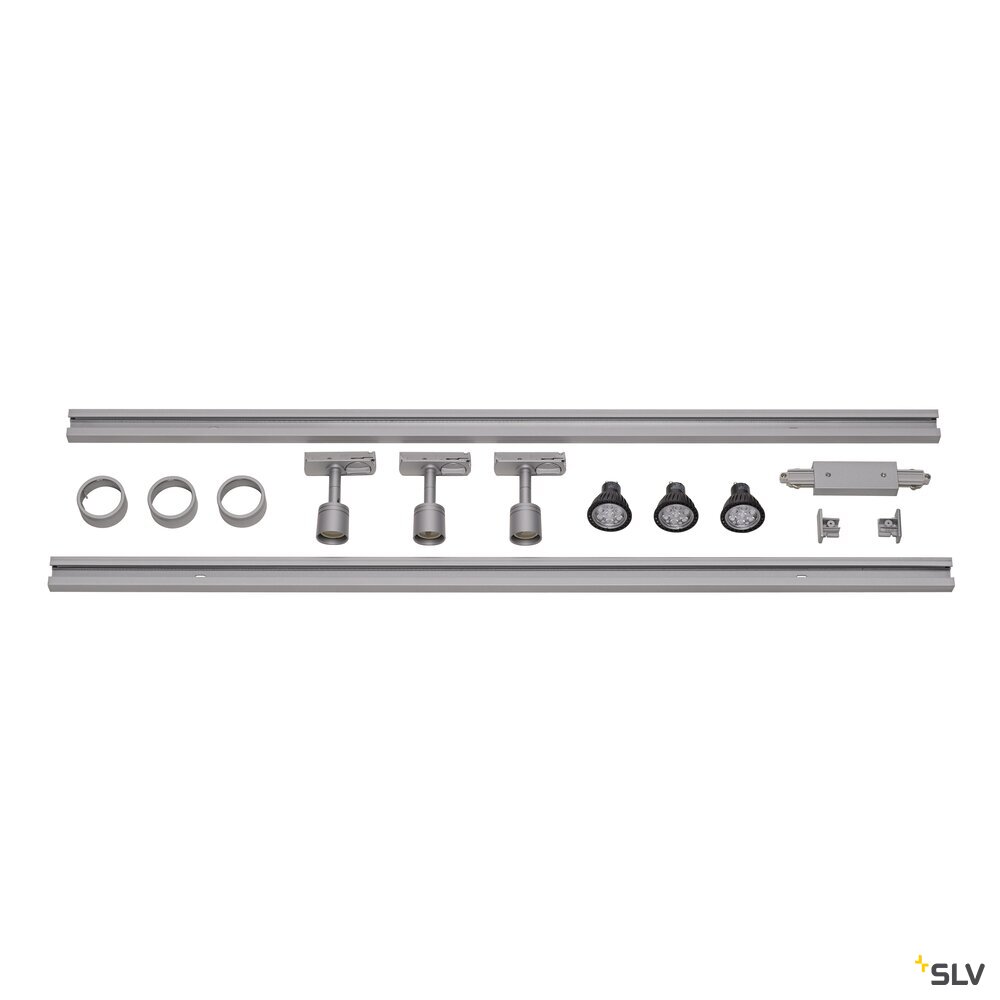 [SLV-143194] 1-FASE 230V SET, drievlammig, LED, zilvergrijs, incl. 2x1 m 230V rail, 3x PURI spot, langsverbinder,