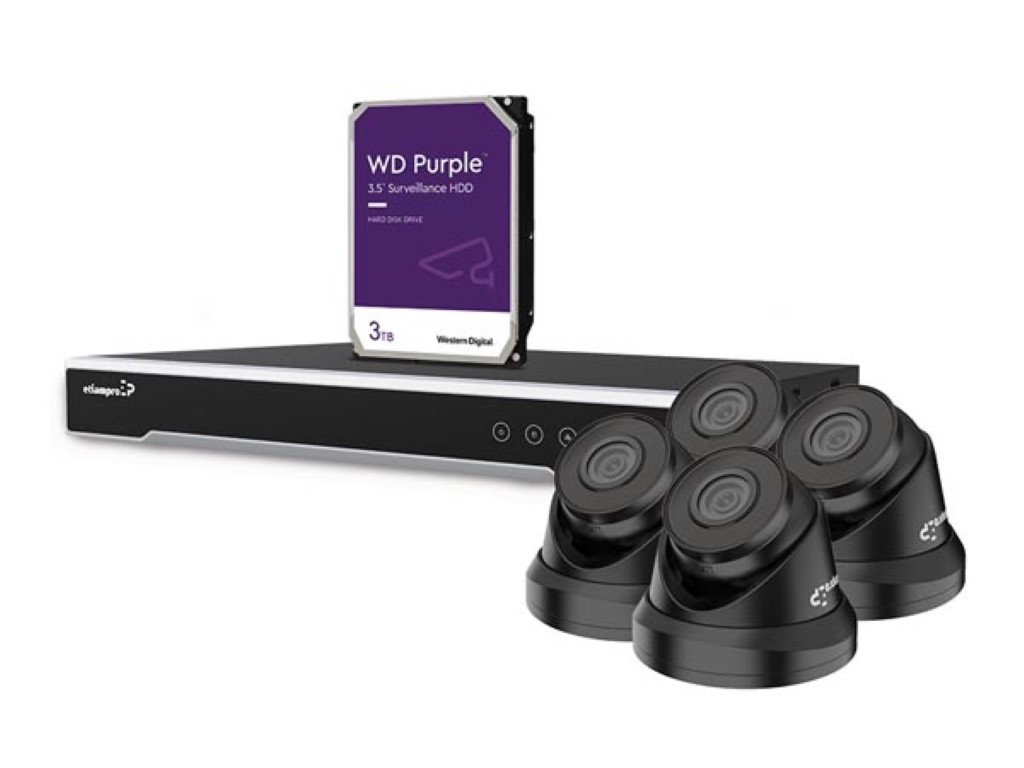 4 MP IP-VIDEOBEWAKINGSSET - 8-KANAALS NVR-RECORDER - 4 x ZWARTE IP DOME-CAMERA - 3 TB HD - KABELS