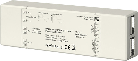 4-in-1 Single color DIM Controller - 20A max. - 0-10V / 1-10V - AC Push (push button) - DALI