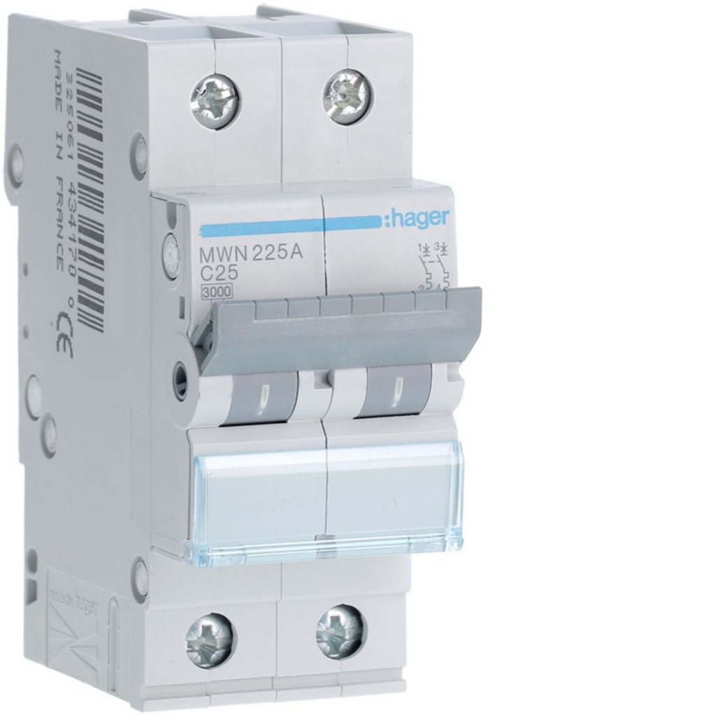 Automaat 3kA - C - 2P - 25A - 2M.