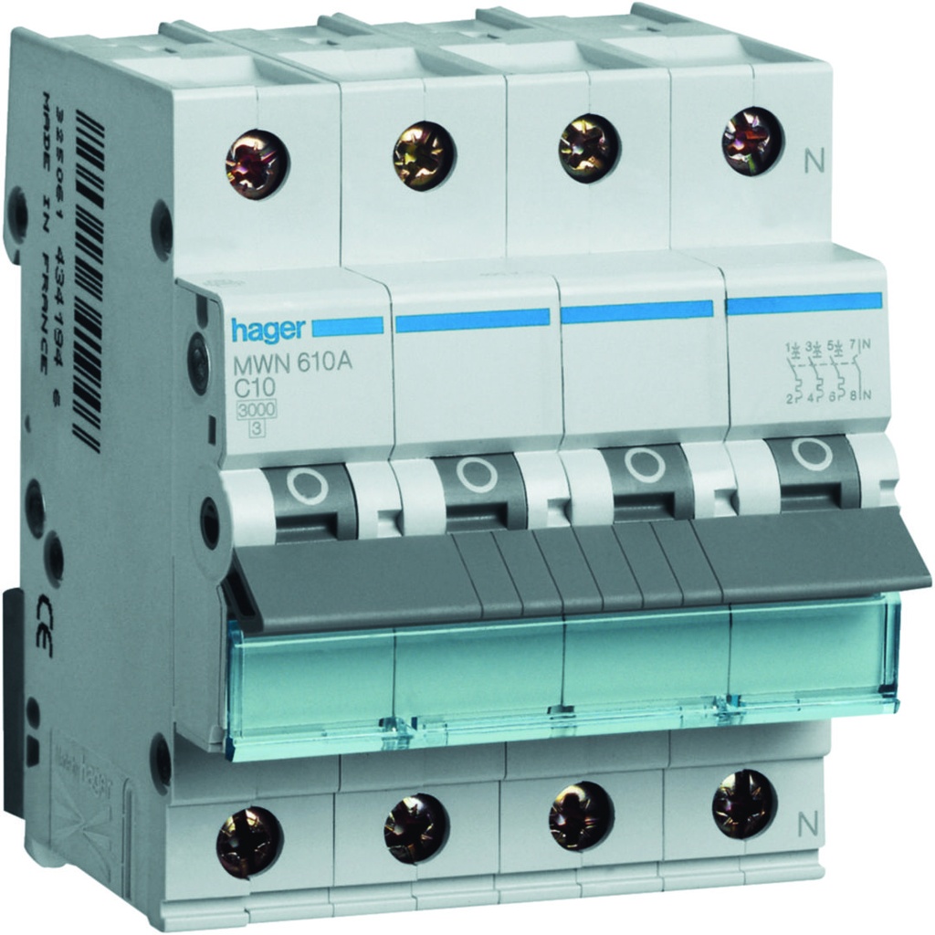 Automaat 3kA - C - 3P+N - 10A. - 4M.