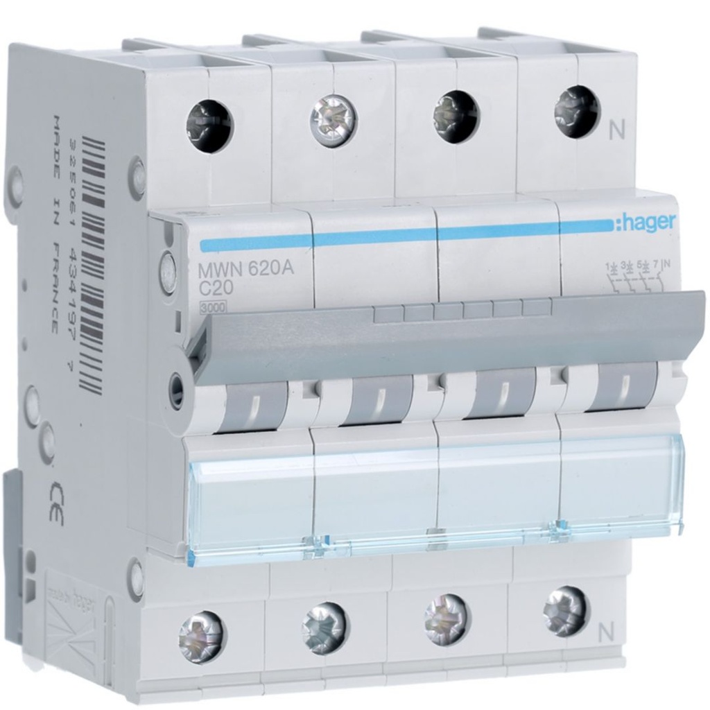 Automaat 3kA - C - 3P+N - 20A - 4M.