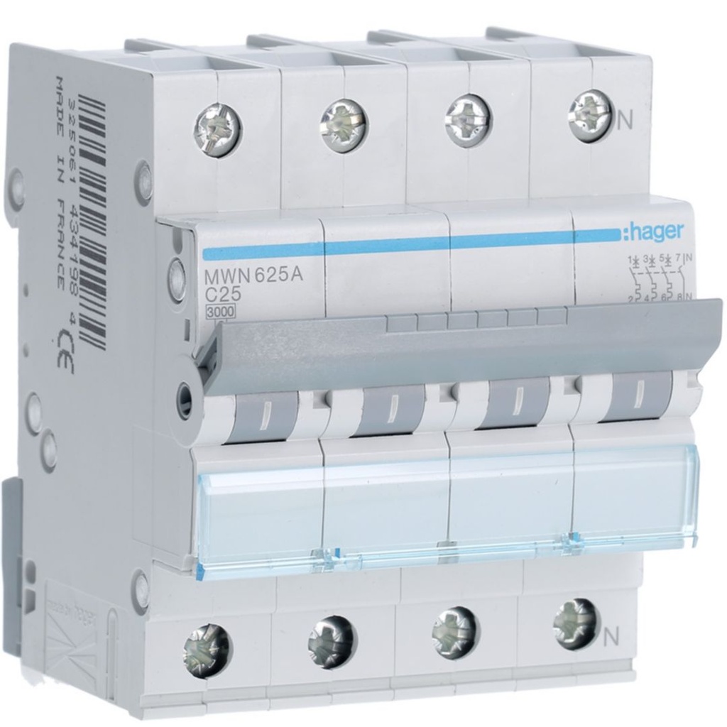 Automaat 3kA - C - 3P+N - 25A - 4M.