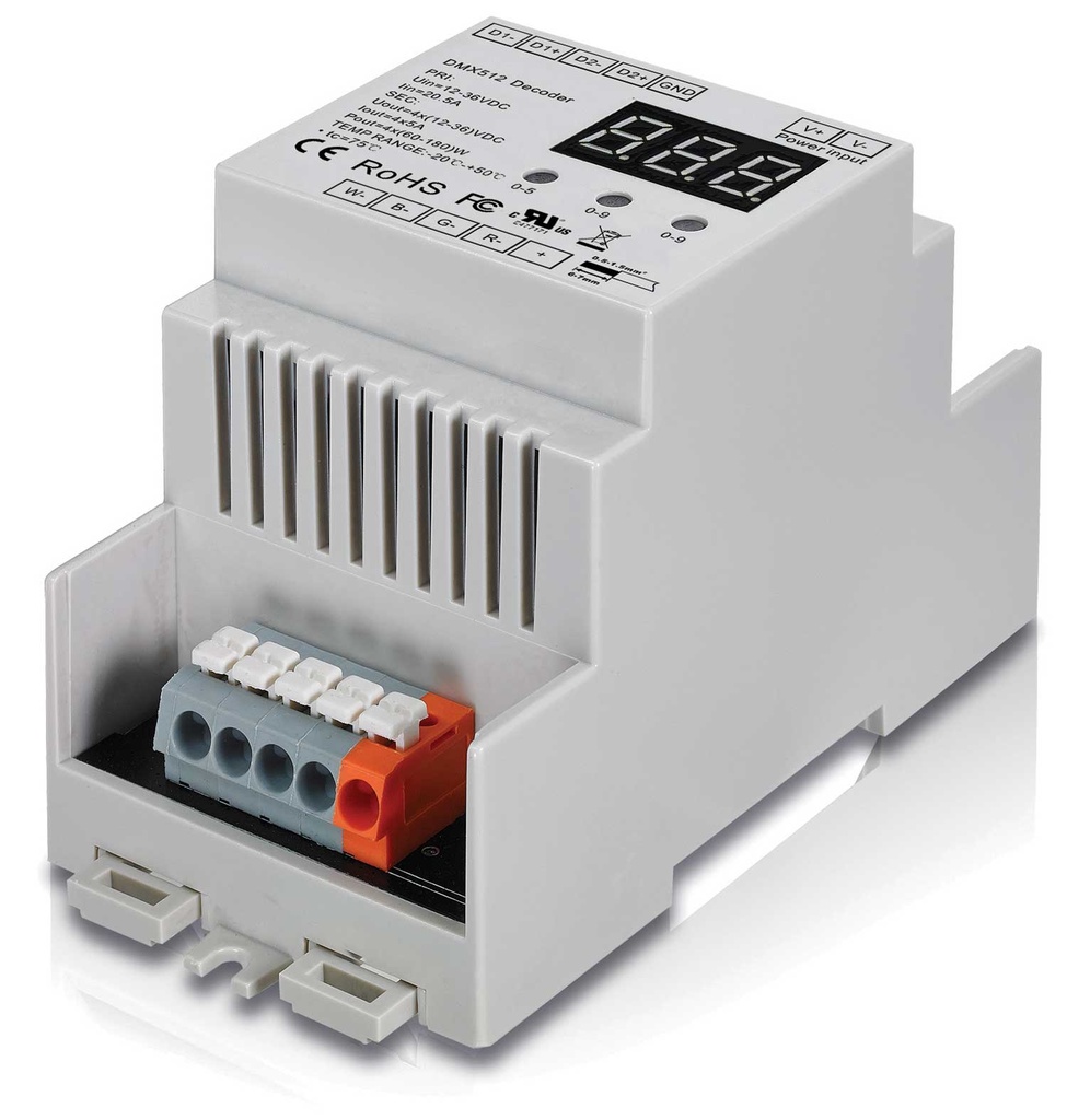 [UNI-DMXREC-DIN] DMX Ontvanger 4 kanaals DIN Rail