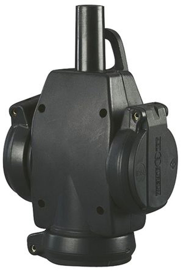 [VDE-1473597] Drievoudige hangkoppelstekker van massief rubber met zelfsluitend deksel, zwart, IP44