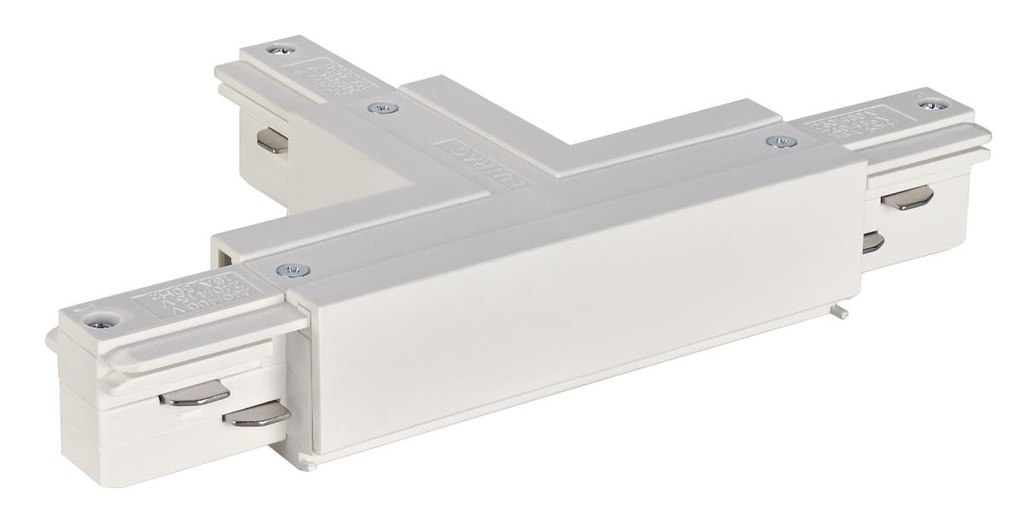 EUTRAC T-aansluiting met voedingsmogelijkheid, aarde binnen, links, verkeerswit