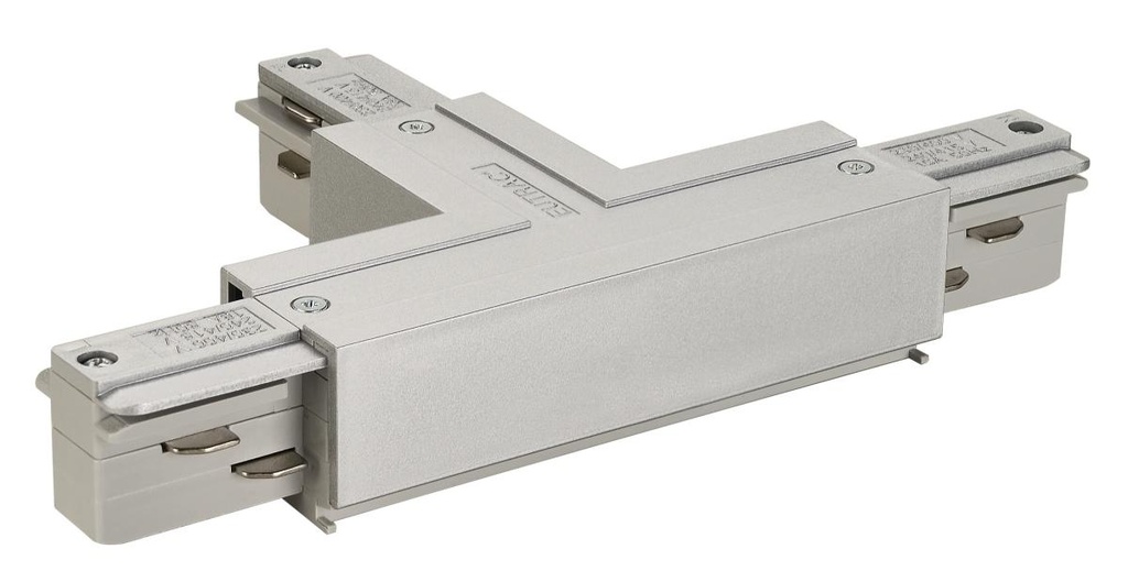 EUTRAC T-aansluiting met voedingsmogelijkheid, aarde binnen, rechts, zilvergrijs