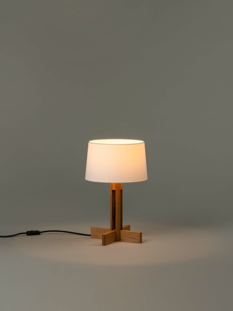 FAD: : Natural oak wood structure. White linen lampshade.