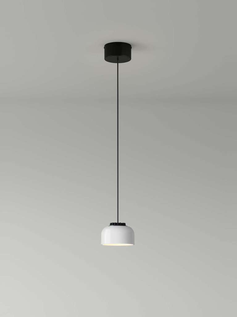 HeadHat Bowl: Lampshade: White ceramic. Circular metal canopy: Black surface (not dimmable). LED cap