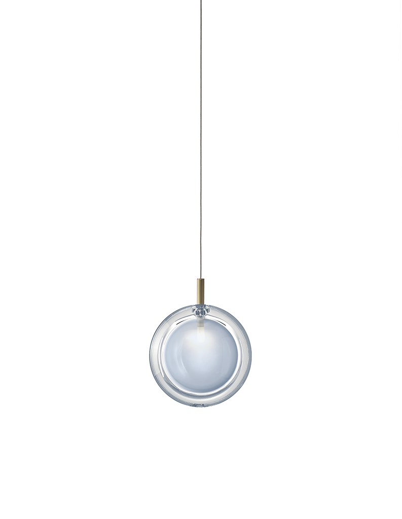 LENS single pendant with canopy, grey blue glass, brushed gold fitting, non-dimmable