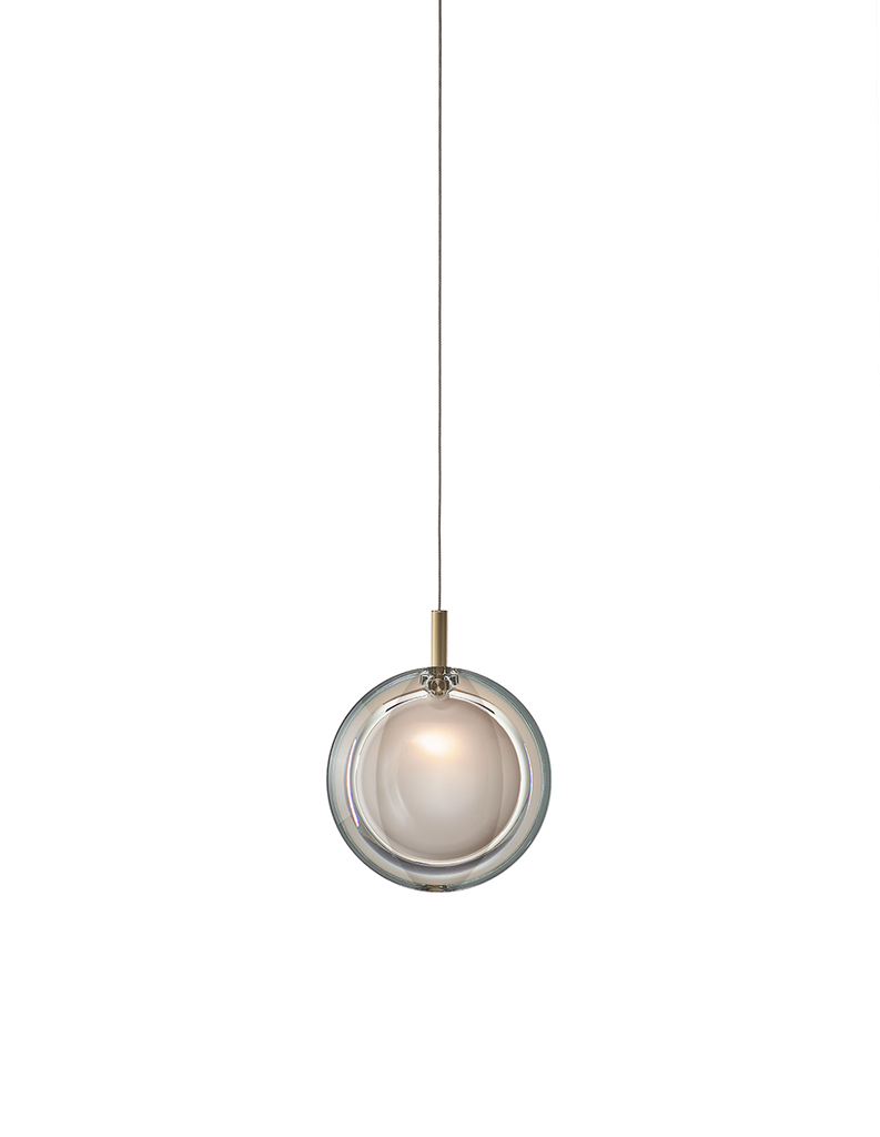 LENS single pendant with canopy, white glass, brushed gold fitting, non-dimmable dimming