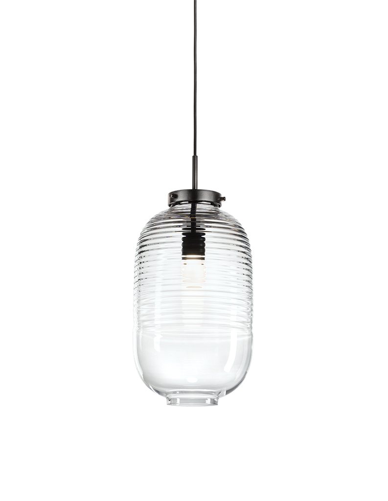 Lantern pendant light, clear glass, black fitting