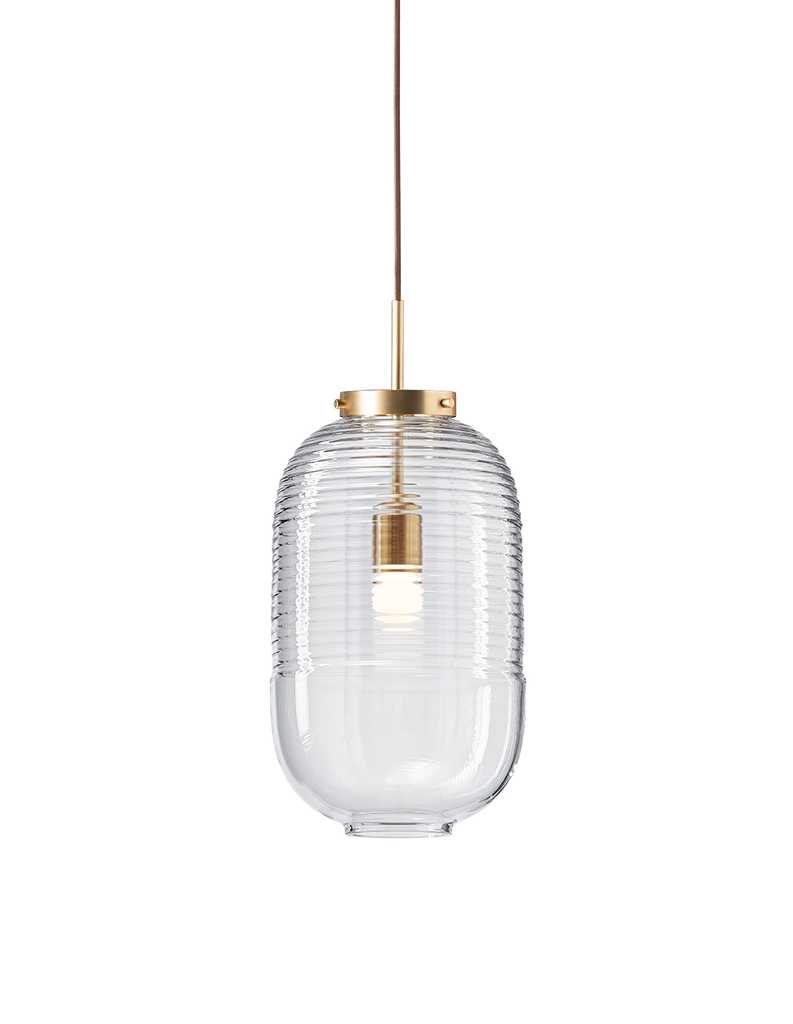 Lantern pendant light, clear glass, patina gold fitting
