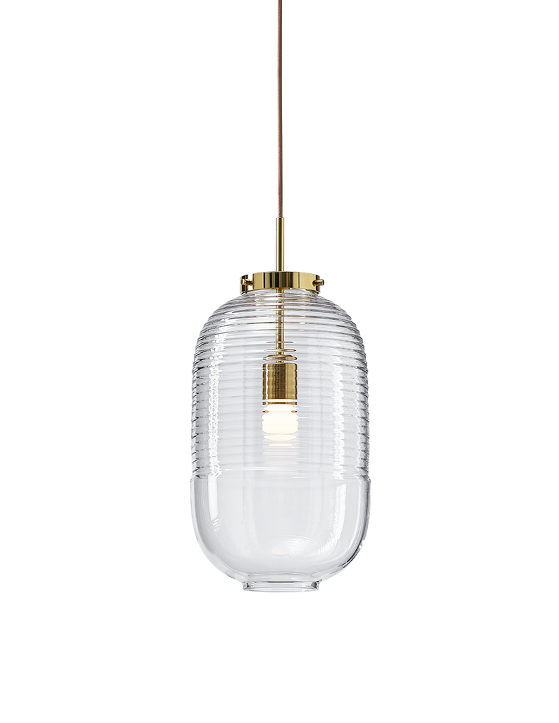 Lantern pendant light, clear glass, polished brass fitting
