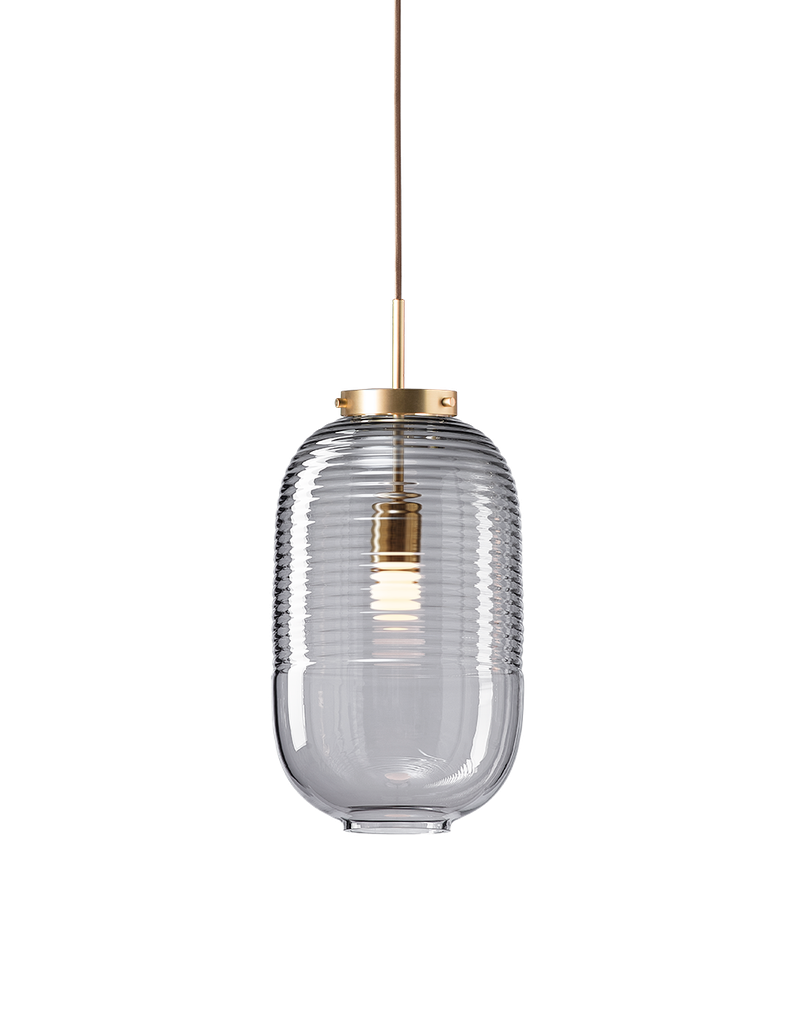 Lantern pendant light, smoke grey glass, patina gold fitting