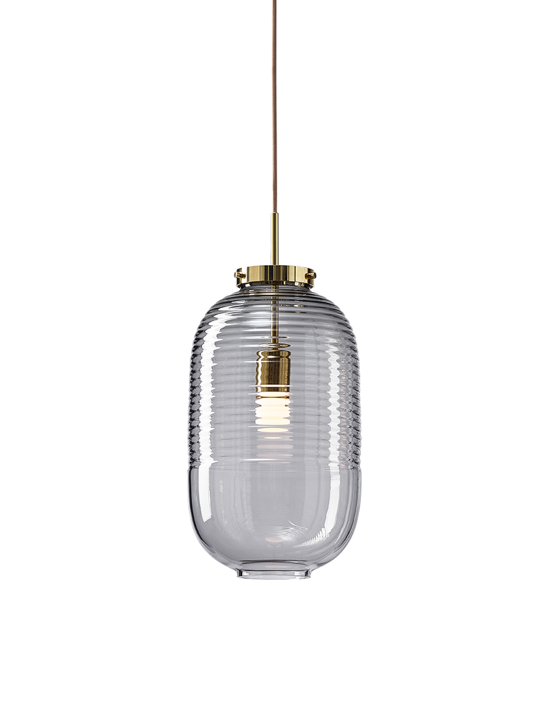 Lantern pendant light, smoke grey glass, polished brass fitting