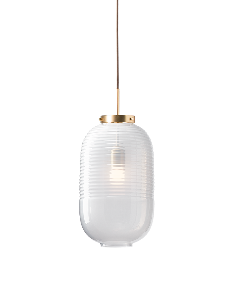 Lantern pendant light, white glass, light patina brass fitting