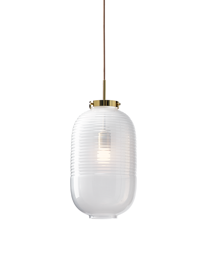 Lantern pendant light, white glass, polished brass fitting