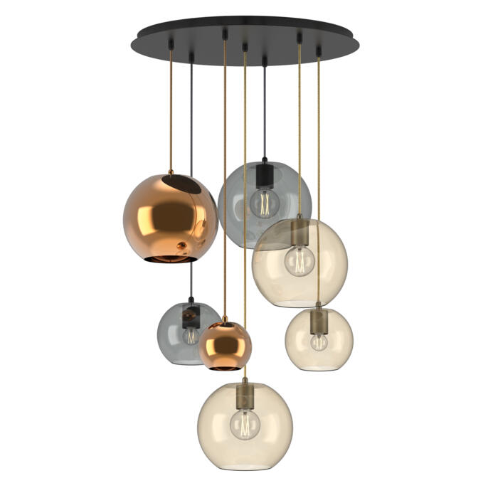[PSM-5155.7.E27.COMBI] MOBY hanglamp - combinatie 7x Moby - 2m textielkabel glitter combi