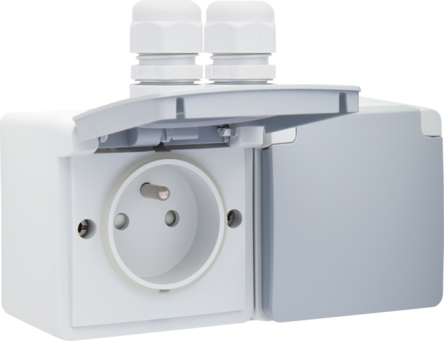 SPUITWATERDICHT DUBBEL HOR. STOPCONTACT MET PENAARDE, INSTEEK