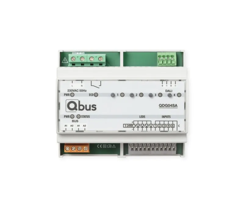 [QBU-QDG04SA] Stand-Alone Qbus DALI Groep Dimmer voor 4 groepen. Ingebouwde voeding. Max 64 DALI(2)-drivers
