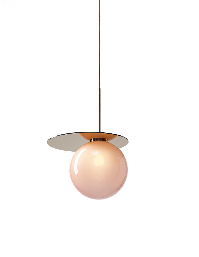 Umbra pendant light, pink glass, gold fitting