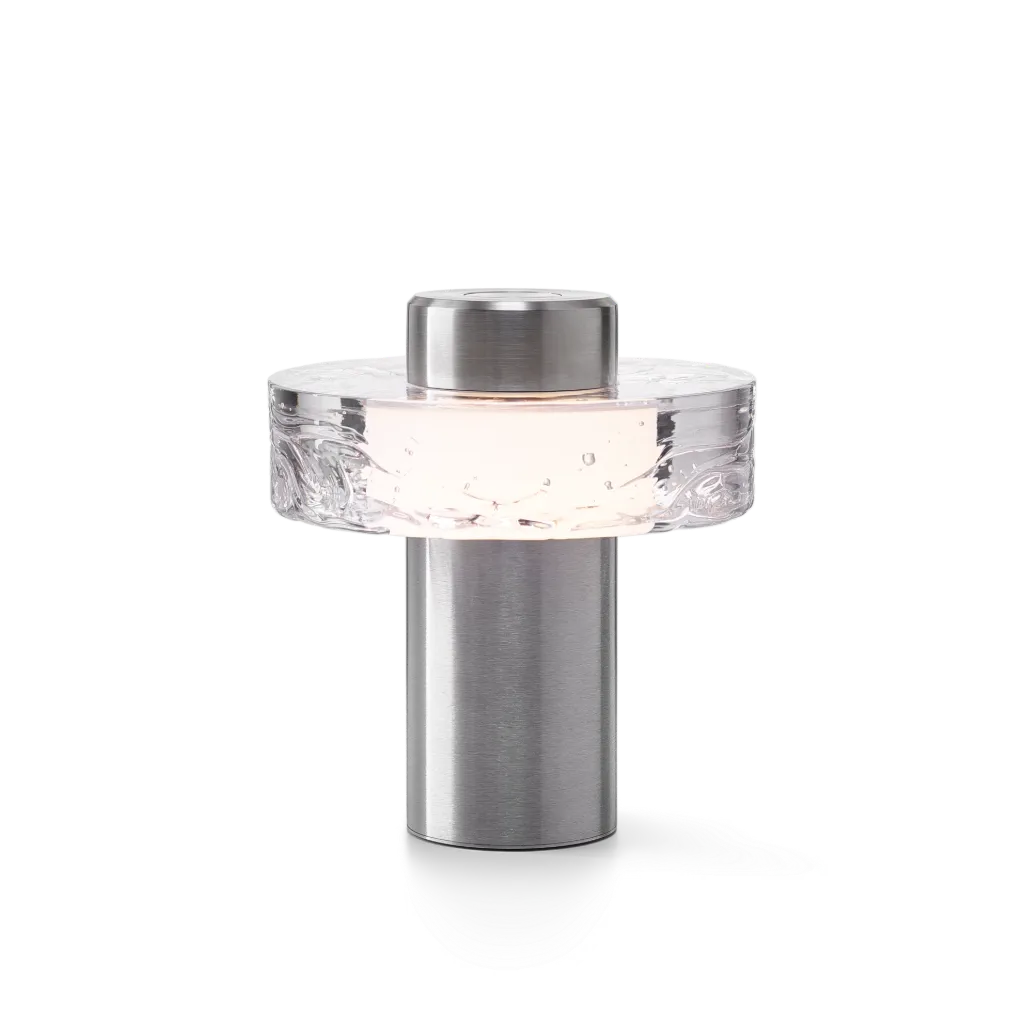 OLLO portable lamp, clear glass, brushed silver fitting, dimmable