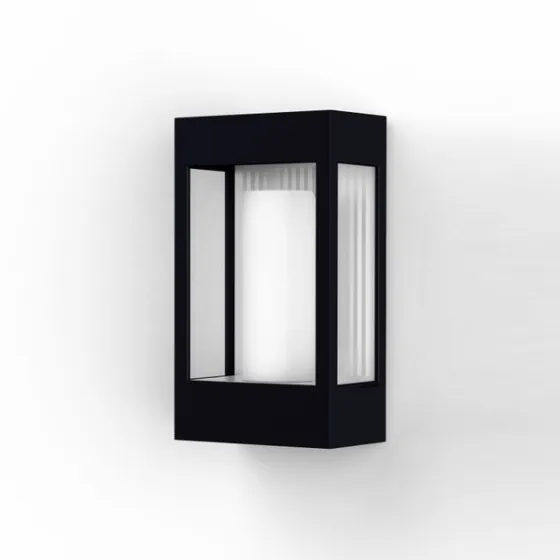Wall-light BRICK², in aluminium, E27, IP44, class 2, clear glass diffuser, satin-finish polycarbonate bulb cover. Color Velvet black 113. 25 year anti-corrosion warranty on aluminium