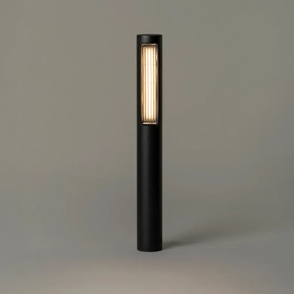 Estadio Baliza 80, Texturized black metallic structure. Glass block lampshade.
