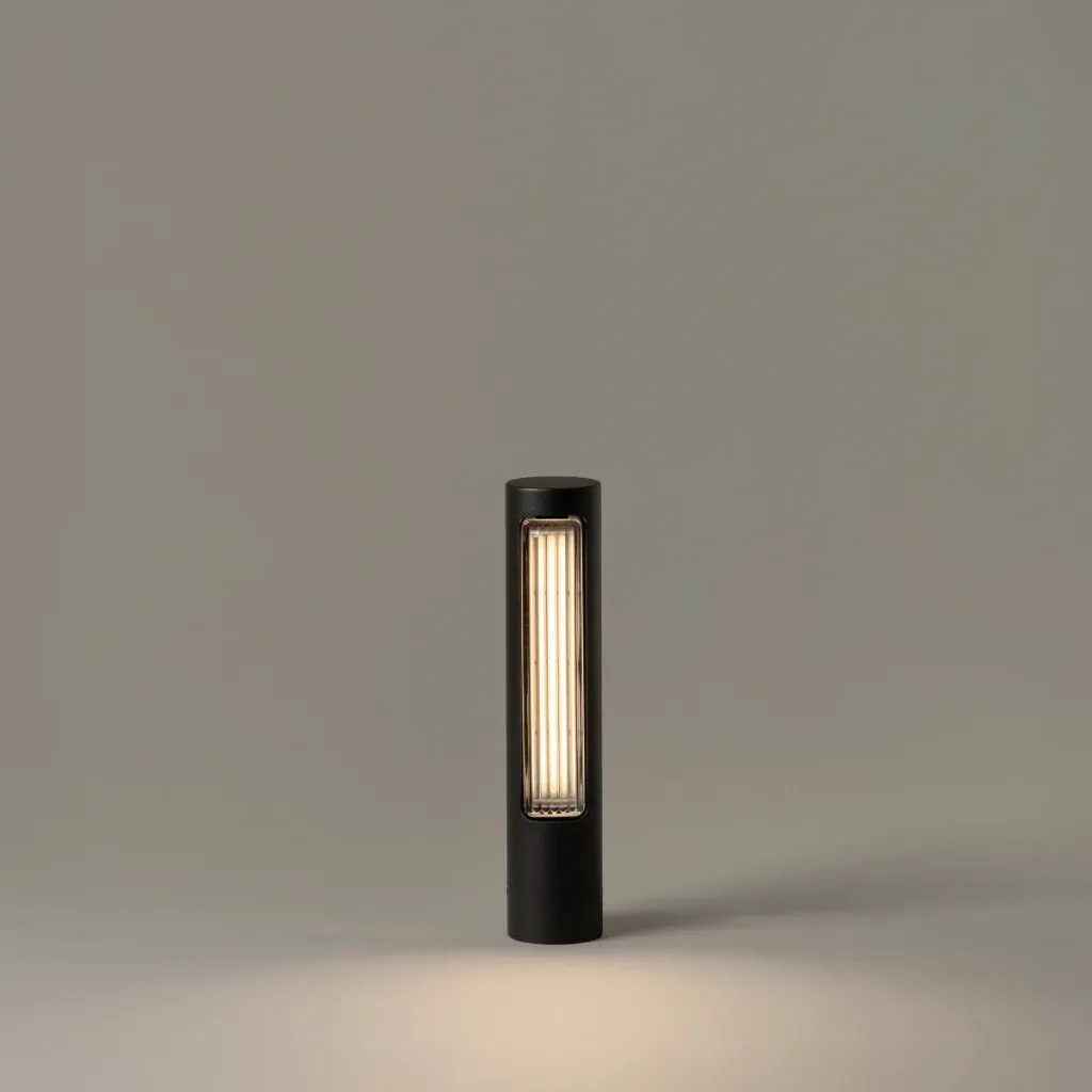 Estadio Baliza 45, Texturized black metallic structure. Glass block lampshade.